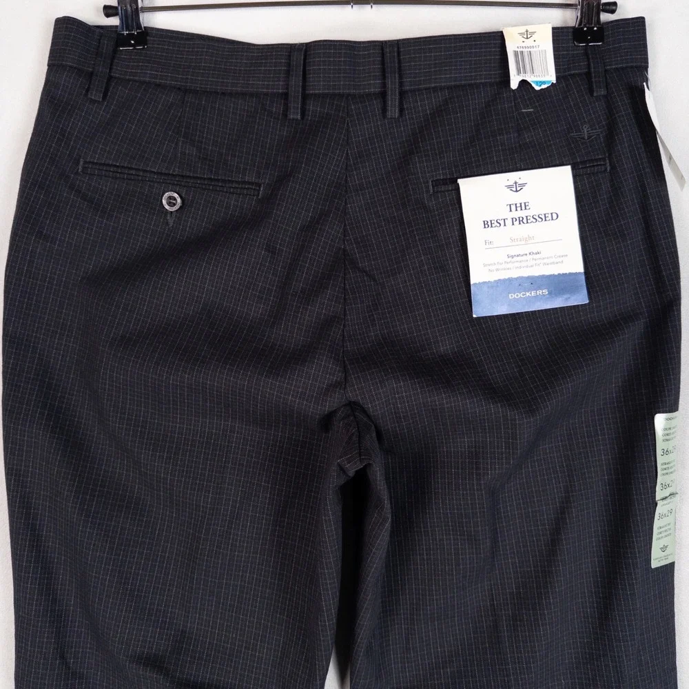 Dockers Signature Khaki Pants 36x29 Blue Gray Straight Micro Grid Check Stretch
